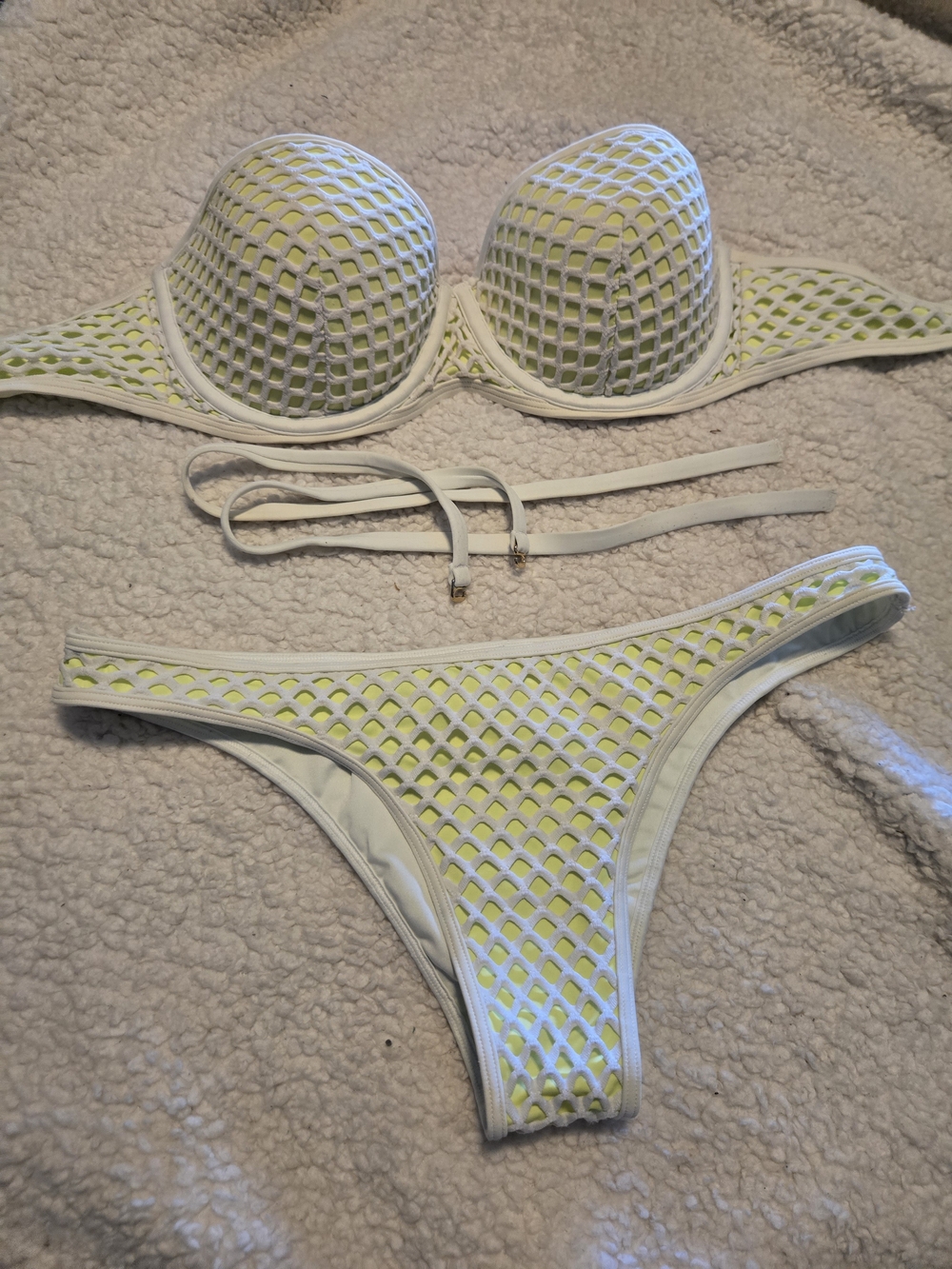 Victorias Secret Women's White & Neon Yellow Mesh Bikini Set